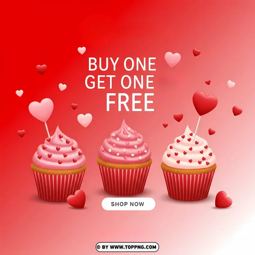 Buy One Get One Free Valentines Day Cupcake Offer Card PNG Transparent Background