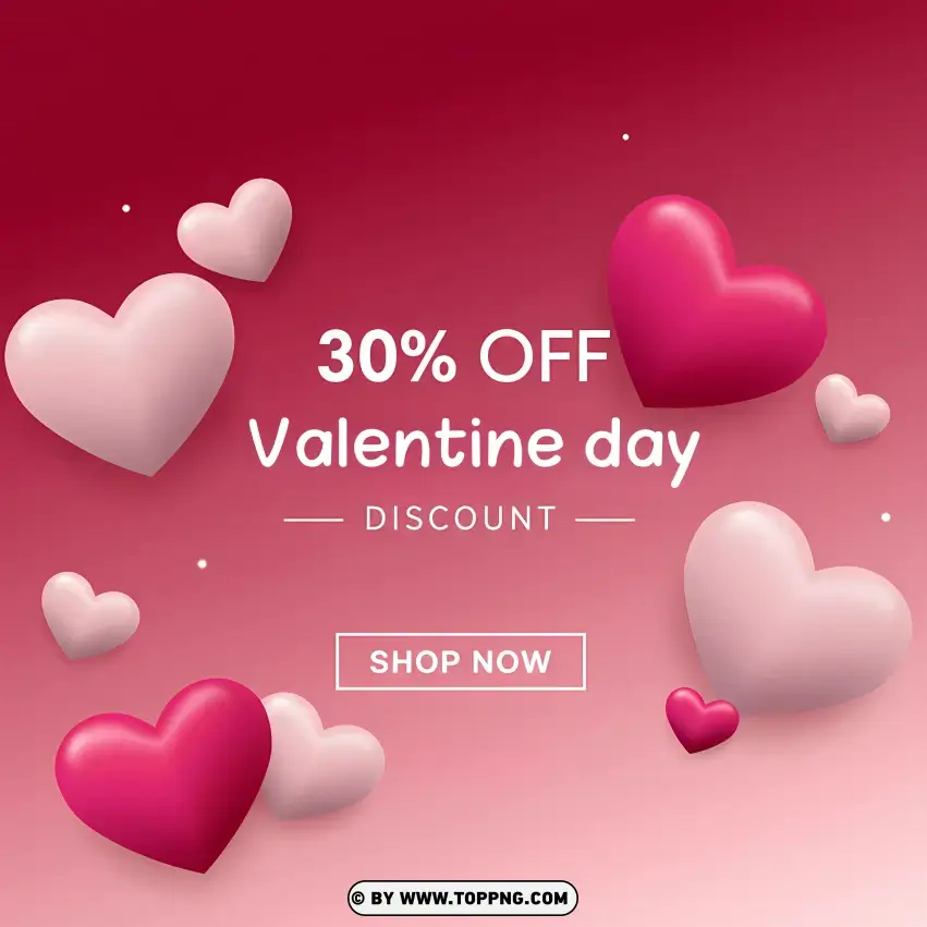 30% Off Valentines Day Discount With Pink Hearts Card PNG Transparent Background