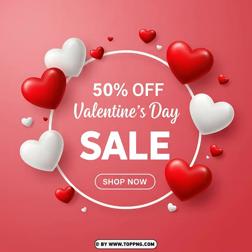 50% Off Valentines Day Sale With Heart Balloons Card PNG Transparent Background