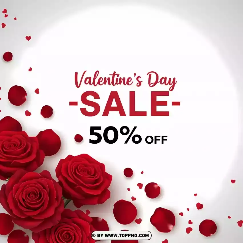 Valentines Day Sale With 50% Off And Red Roses Card PNG Transparent Background