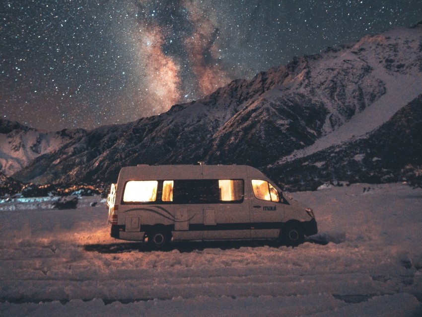 van, mountains, night, starry sky, landscape, travel