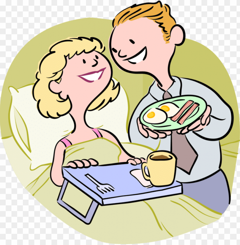 vector illustration of husband serves wife bacon and - breakfast in bed cartoon, mother day