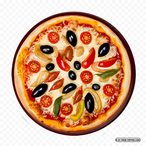 Veggie Pizza With Tomatoes Olives And Peppers On Rustic Wooden Plate Image PNG