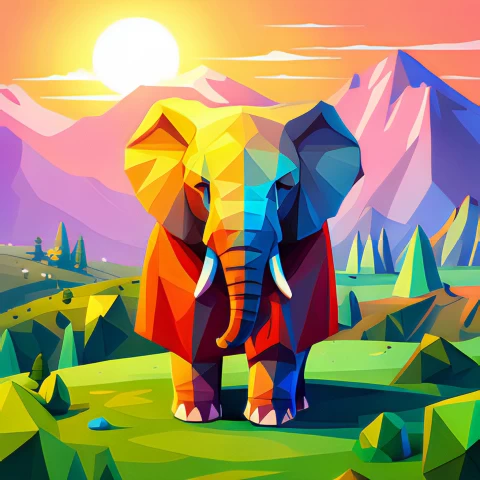 Adorable baby elephant, Colorful cloak, Vibrant colors,Low poly art, Whimsical design, Joyful illustration,Elephant head