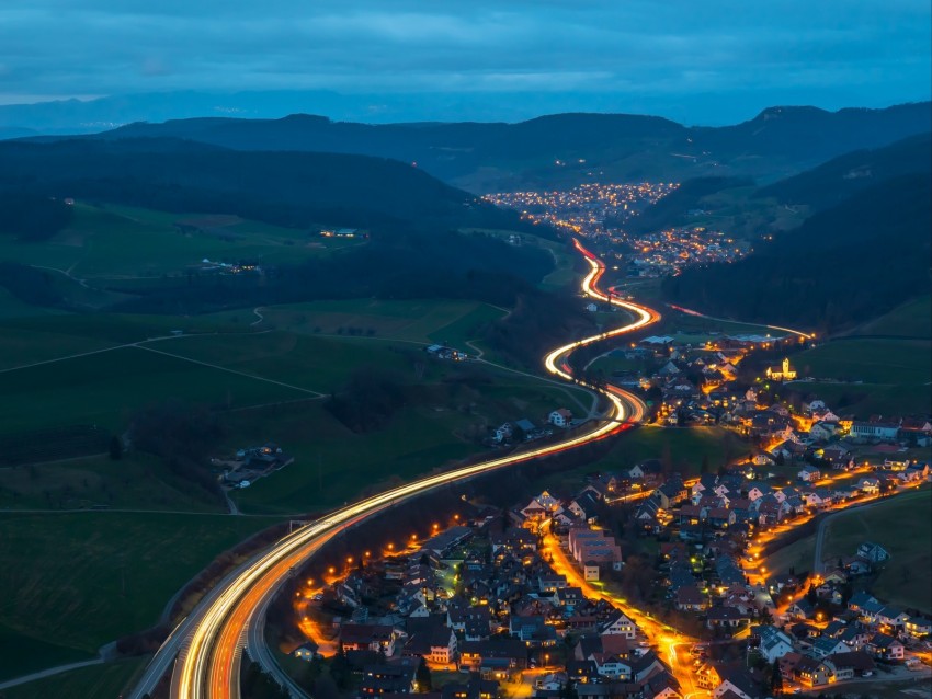 village, road, aerial view, night, mountains, switzerland