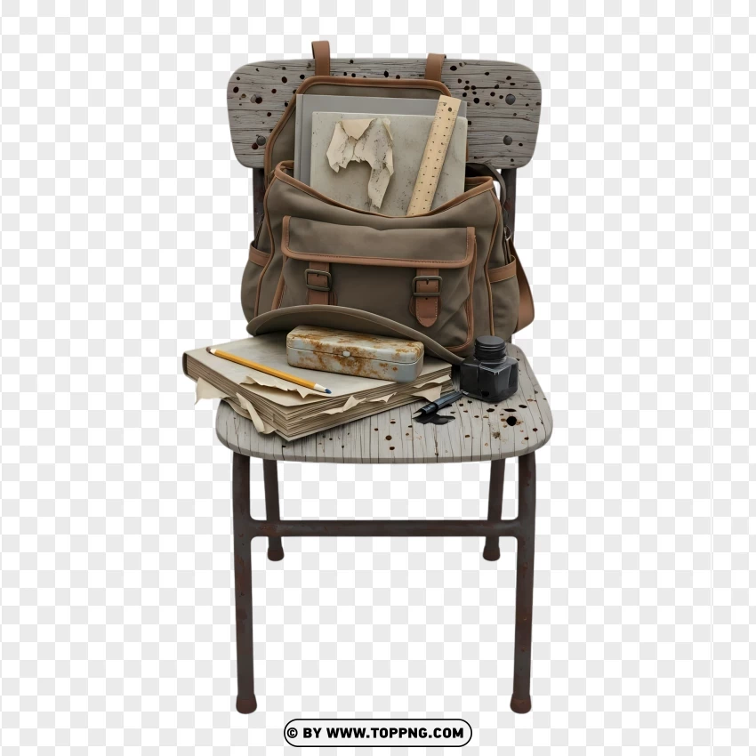 Vintage School Chair With Bag And Old Book Pages PNG Transparent Background