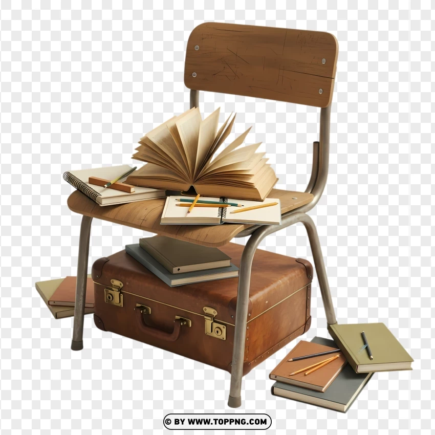 Vintage School Chair With Book And Stationery PNG Transparent Background
