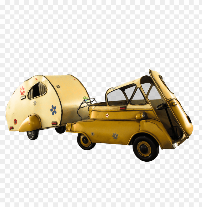 transport, cars, various cars, vintage small car with camper side view, 