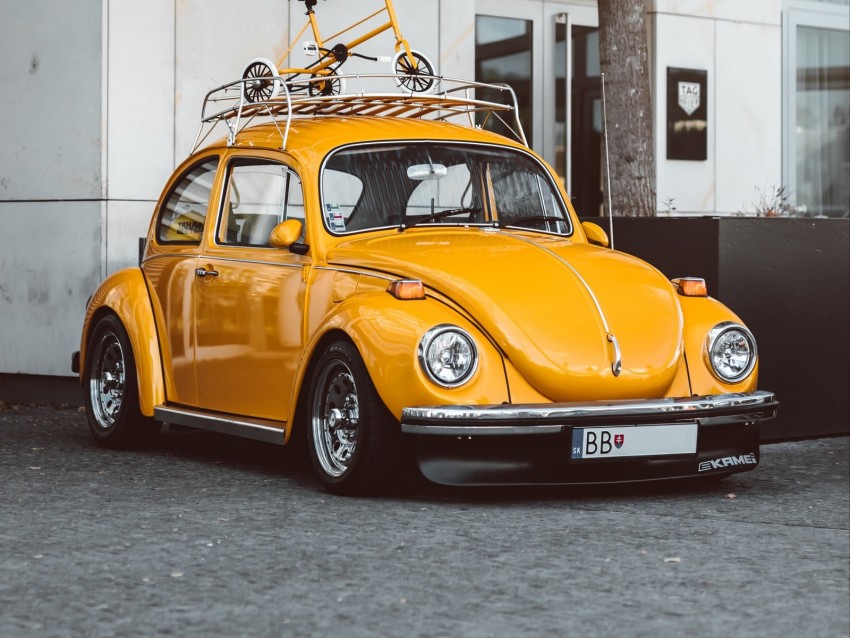 volkswagen beetle, volkswagen, car, yellow, retro