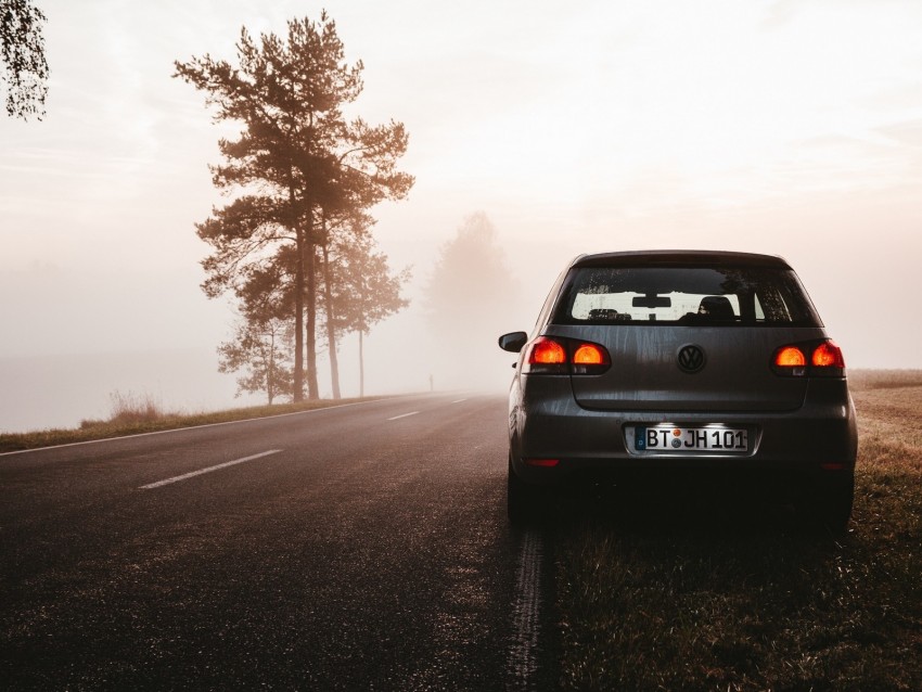 volkswagen, fog, car, road, twilight