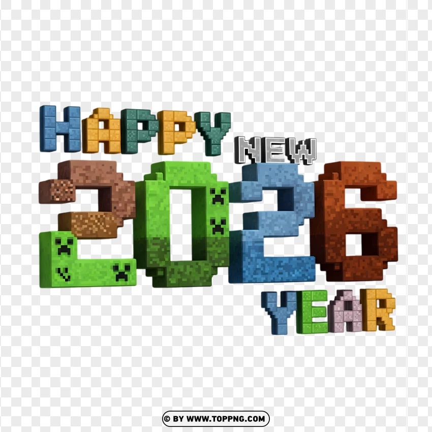 Voxel Block Game Style 2026 New Year Typography PNG Transparent Background