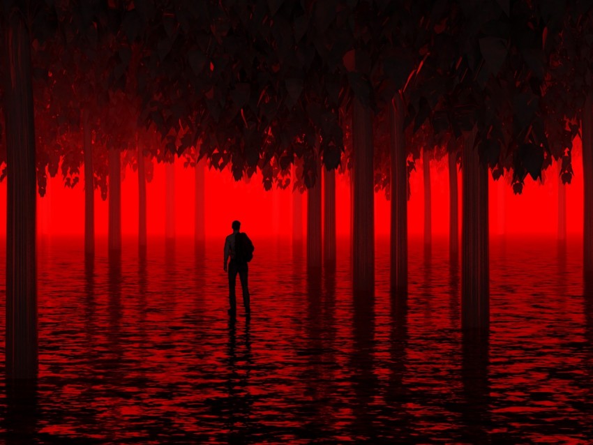 water, trees, man, red, neon, light, flooded
