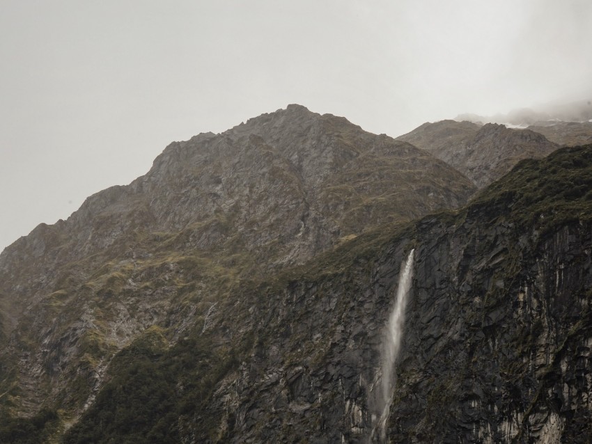 waterfall, cliff, fog, new zealand