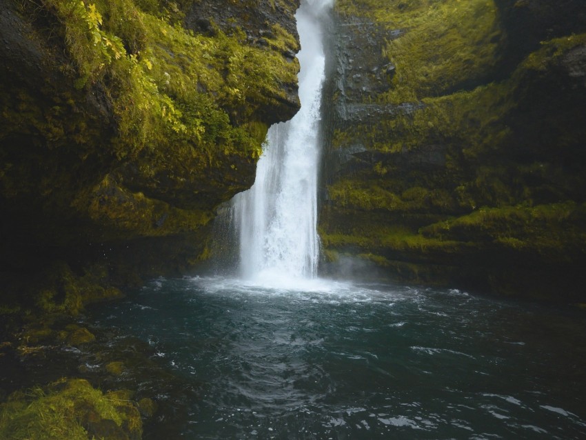 waterfall, cliff, moss, water, stones