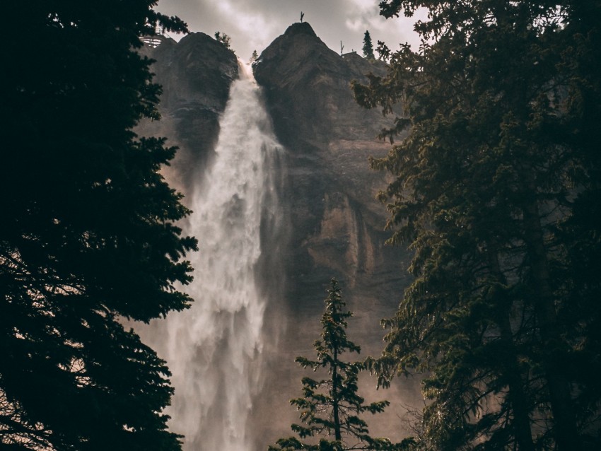 waterfall, cliff, trees, water, rock