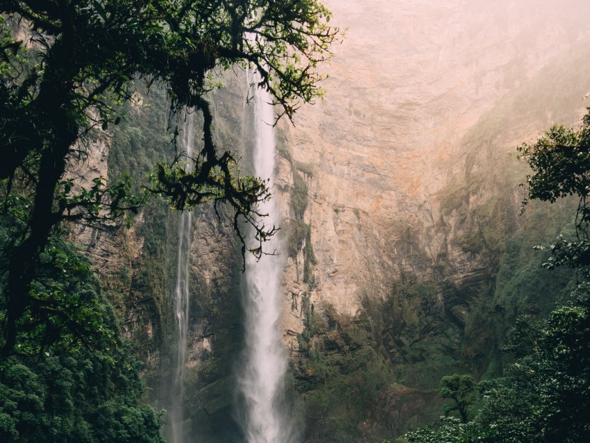 waterfall, cliff, water, spray, fog