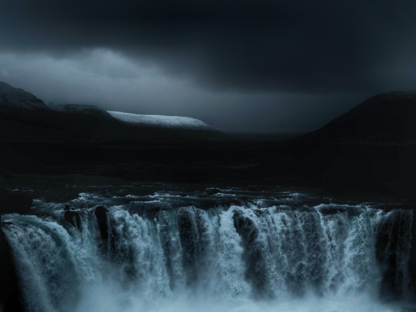 waterfall, flow, fog, dark, overcast