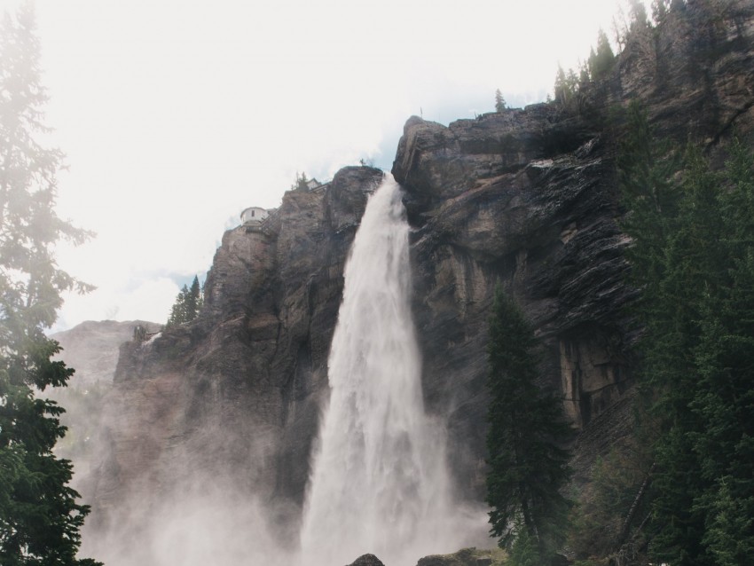 waterfall, fog, trees, stones, landscape