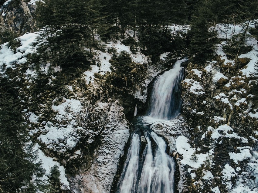 waterfall, ice, aerial view, snow, winter, forest, trees