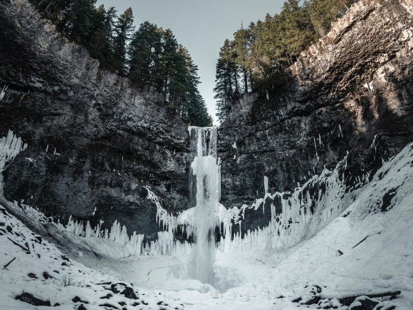 waterfall, ice, snow, cliff, trees