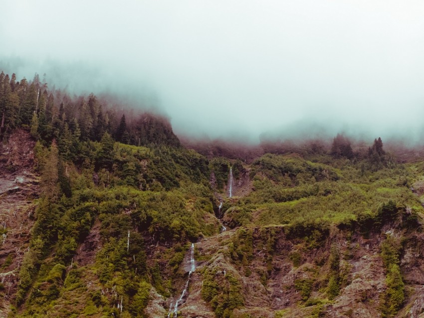waterfall, mountain, cliff, fog, sky