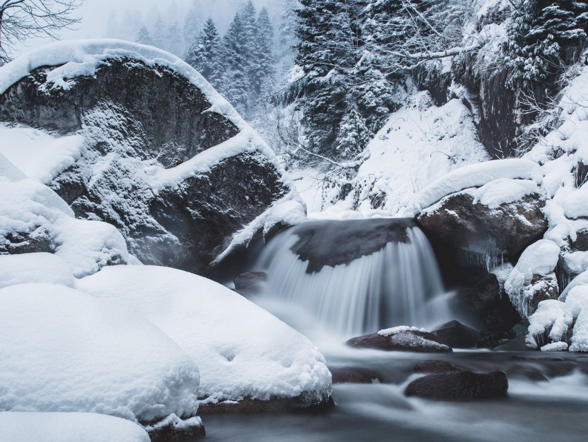 waterfall, snow, winter, trees, current