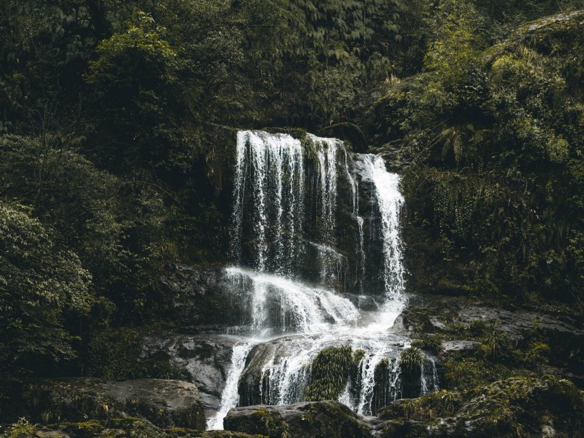 waterfall, stones, flow, water, moss, vegetation