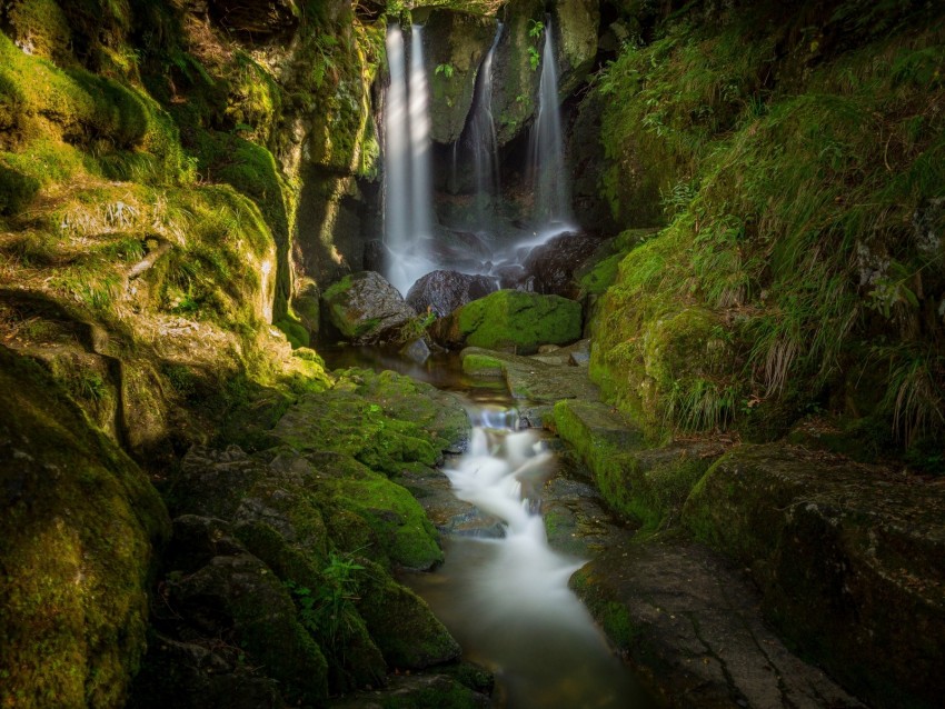 waterfall, stones, moss, water, stream