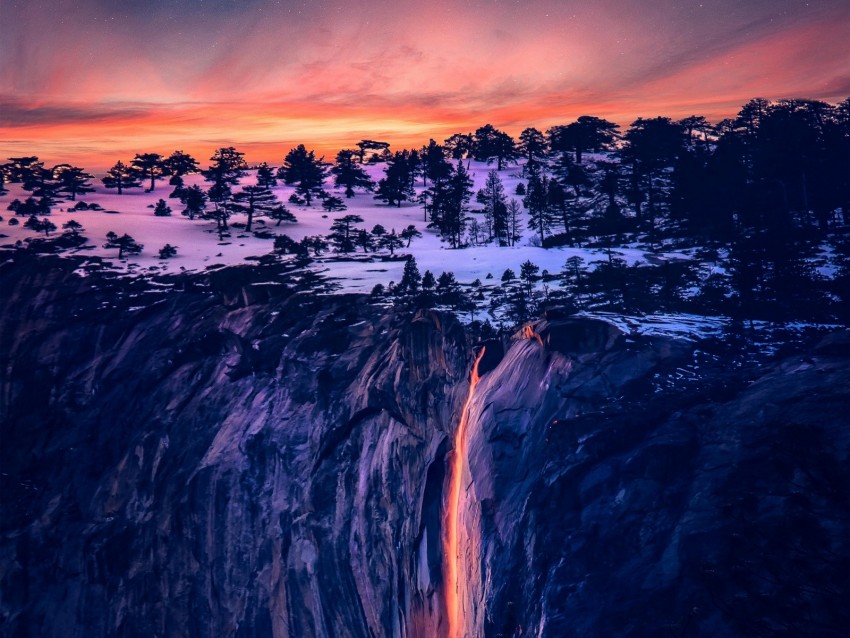waterfall, trees, night, lava, photoshop