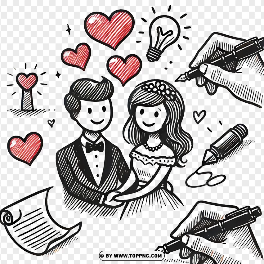 Wedding Couple Sketch With Romantic Symbols PNG Transparent Background