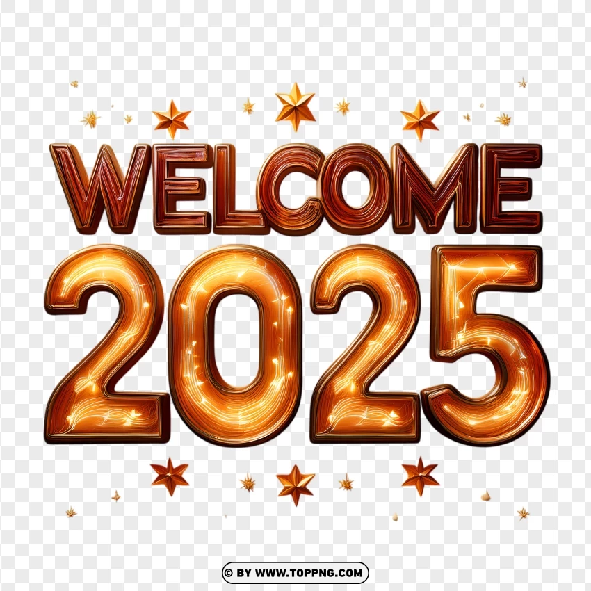 Welcome 2025 Typography With Starry Flames PNG Transparent Background