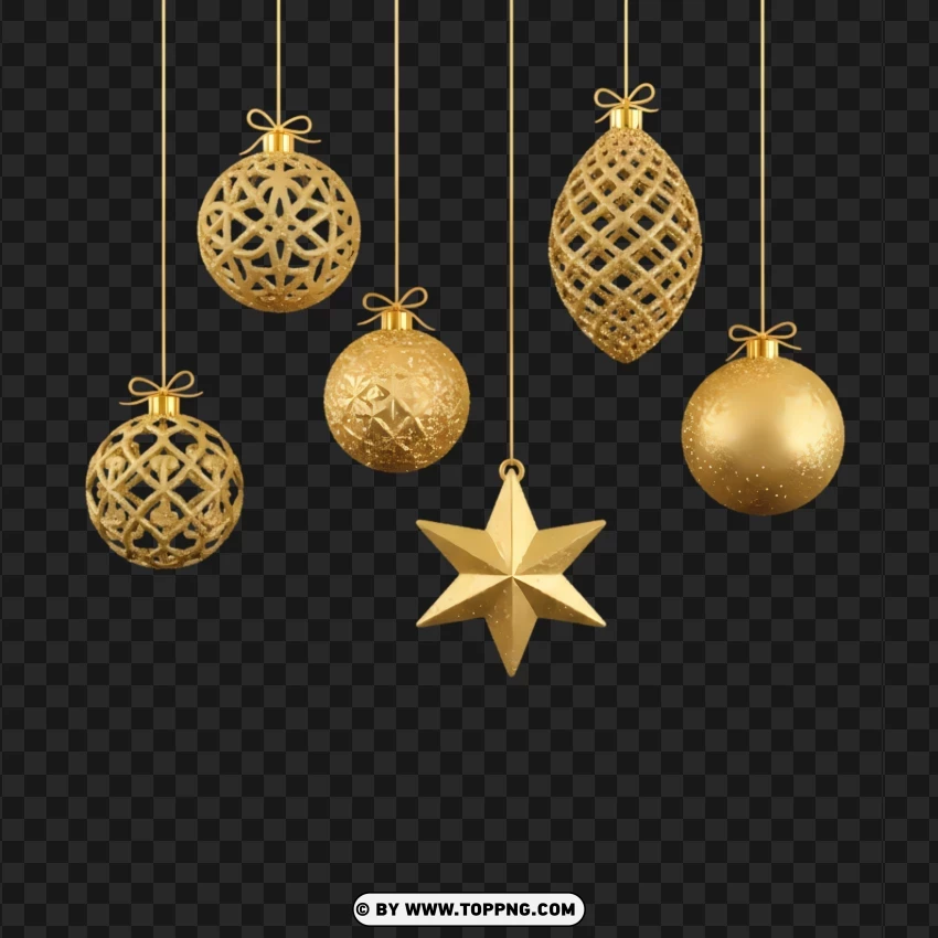 Hanging Gold Christmas Ornaments With Sparkle PNG Transparent Background