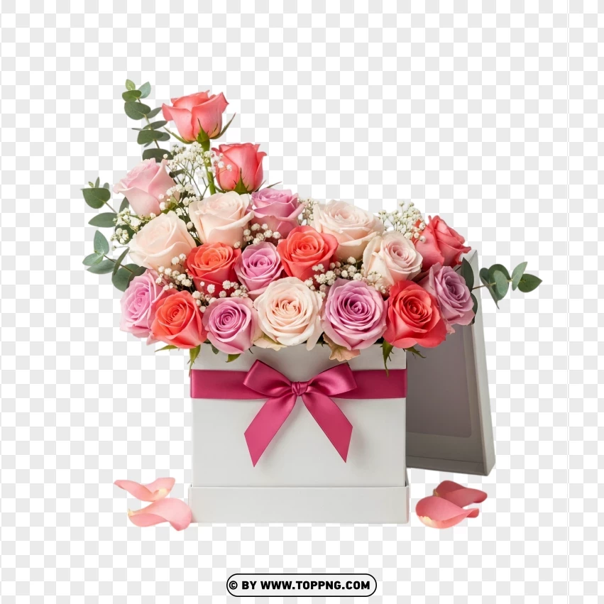 White Box With Pink Roses Romantic Theme PNG Transparent Background