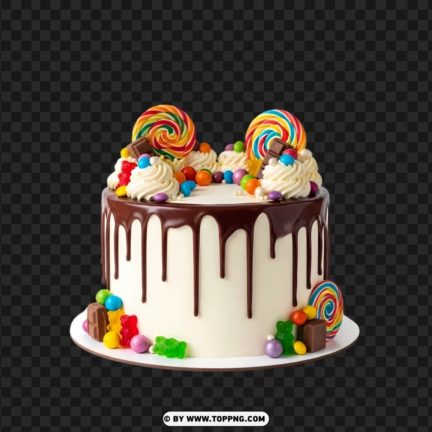 White Candy Cake With Chocolate Drip And Colorful Sweets PNG Transparent Background