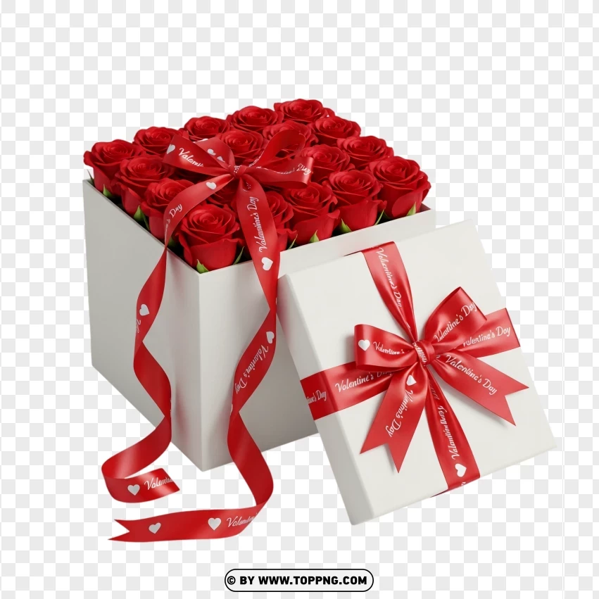 White Gift Box Filled With Red Roses And Satin Ribbon PNG Transparent Background