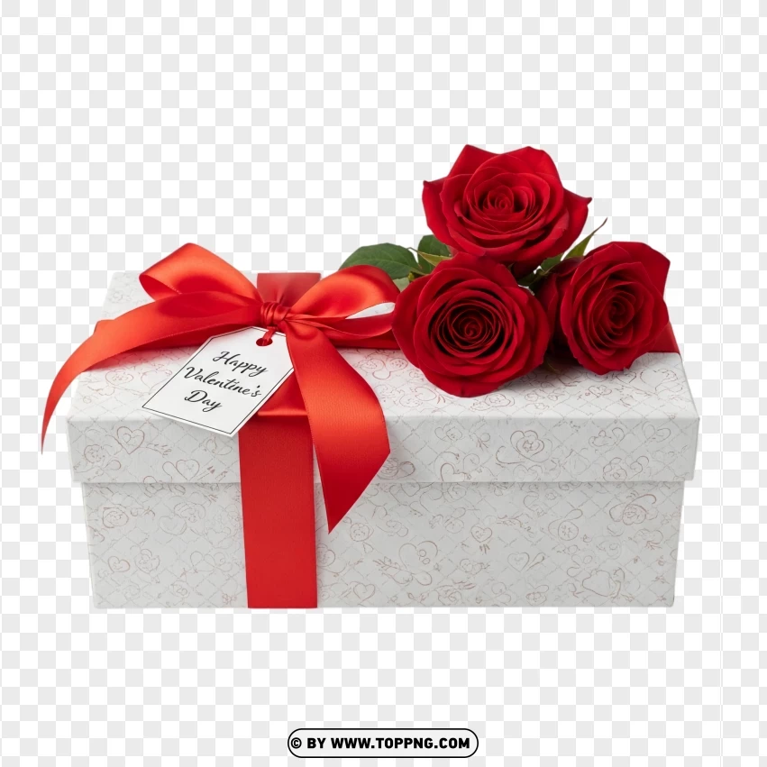 White Gift Box With Red Roses And Ribbon PNG Transparent Background