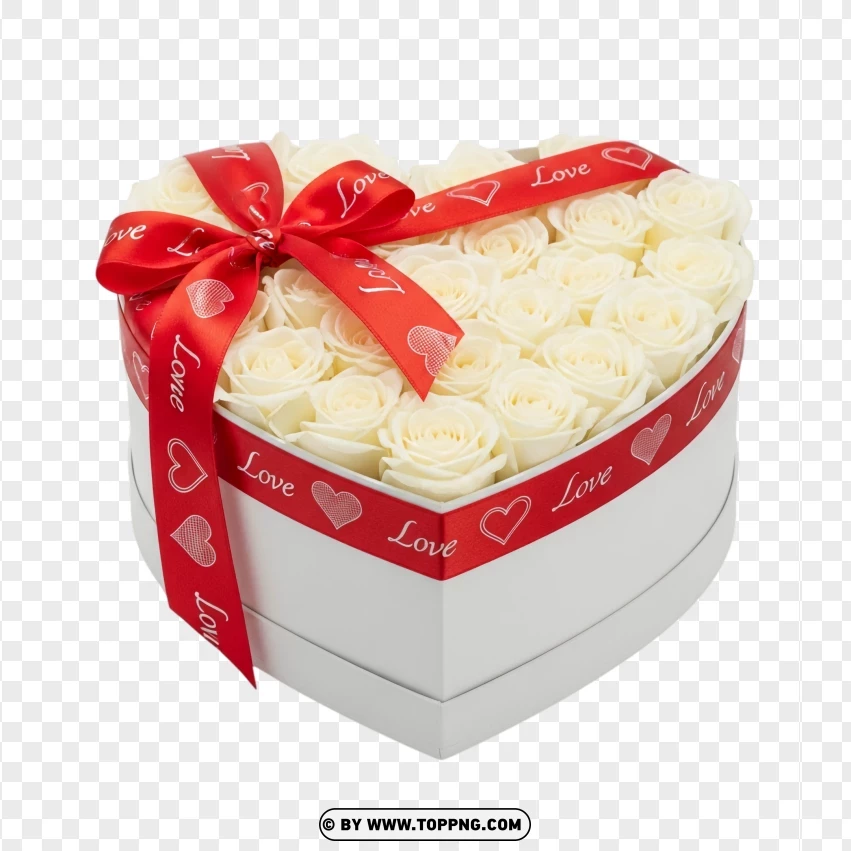 White Heart Box With Red Ribbon And Roses PNG Transparent Background