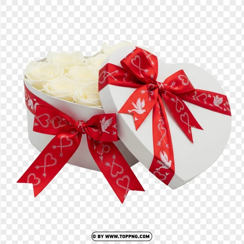 White Roses Heart Box Wrapped With Red Ribbon Love Gift PNG Transparent Background