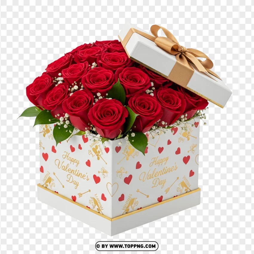 White Square Box With Gold Trim And Red Roses PNG Transparent Background