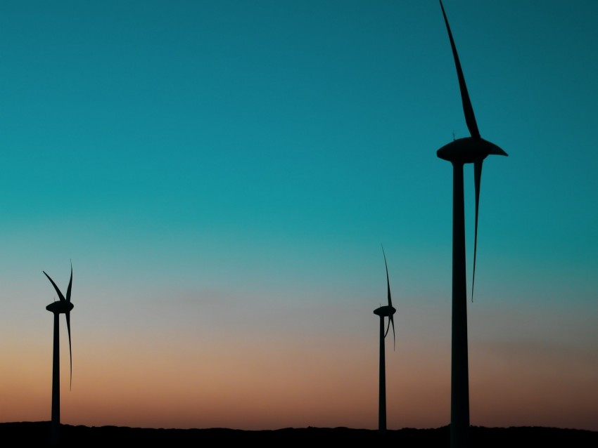 wind farm, turbines, blades, dark, twilight, poles