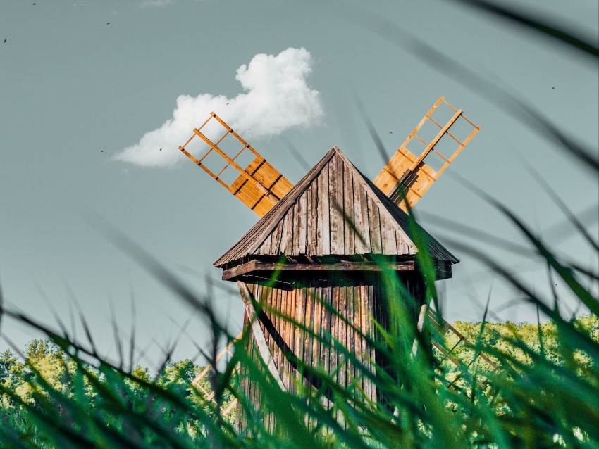 windmill, old, wooden, grass, field