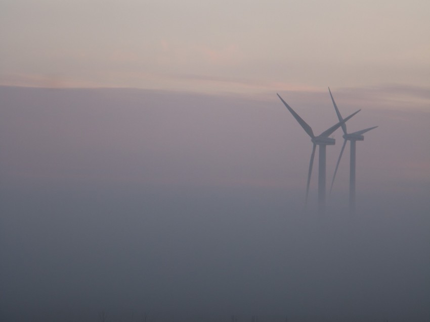 windmills, fog, field, minimalism