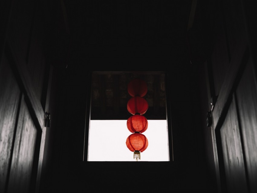 window, chinese lantern, red, dark, room