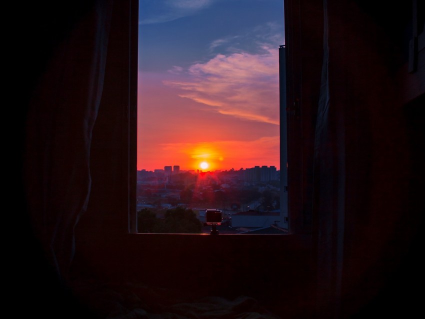 window, city, sunset, sky