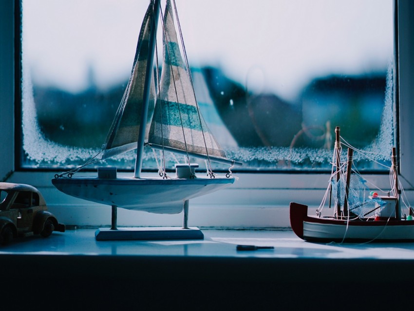 window sill, boat, window, figurines