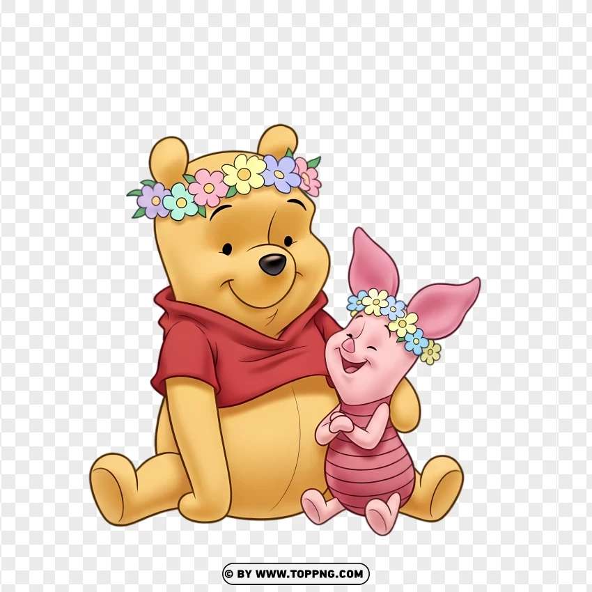 Winnie The Pooh And Piglet Wearing Pastel Flower Crowns PNG Transparent Background