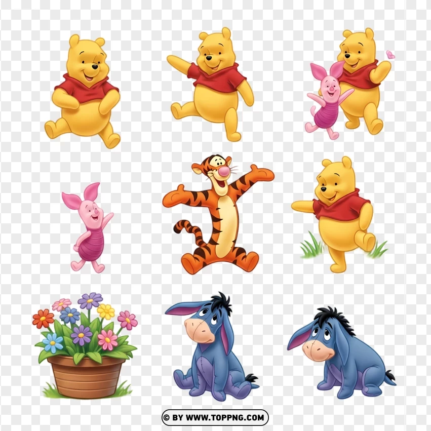 Winnie The Pooh Family Poses Clipart Set PNG Transparent Background