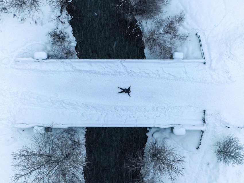 winter, aerial view, snow, man