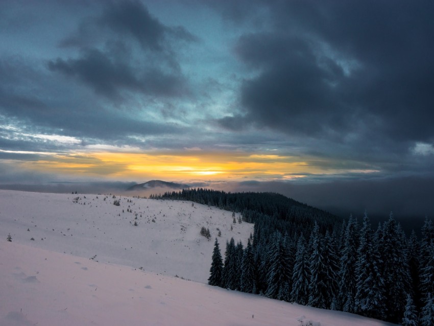 winter, mountains, forest, snow, sunset, sky, clouds
