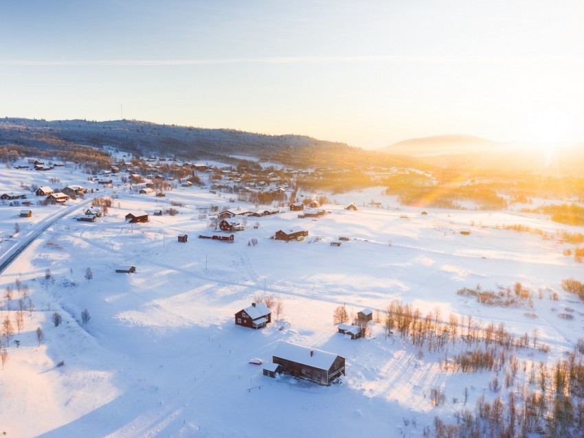 winter, snow, sunshine, village, aerial view
